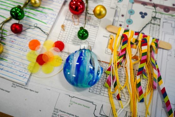 A variety of arts and crafts materials laid out to create ornaments.
